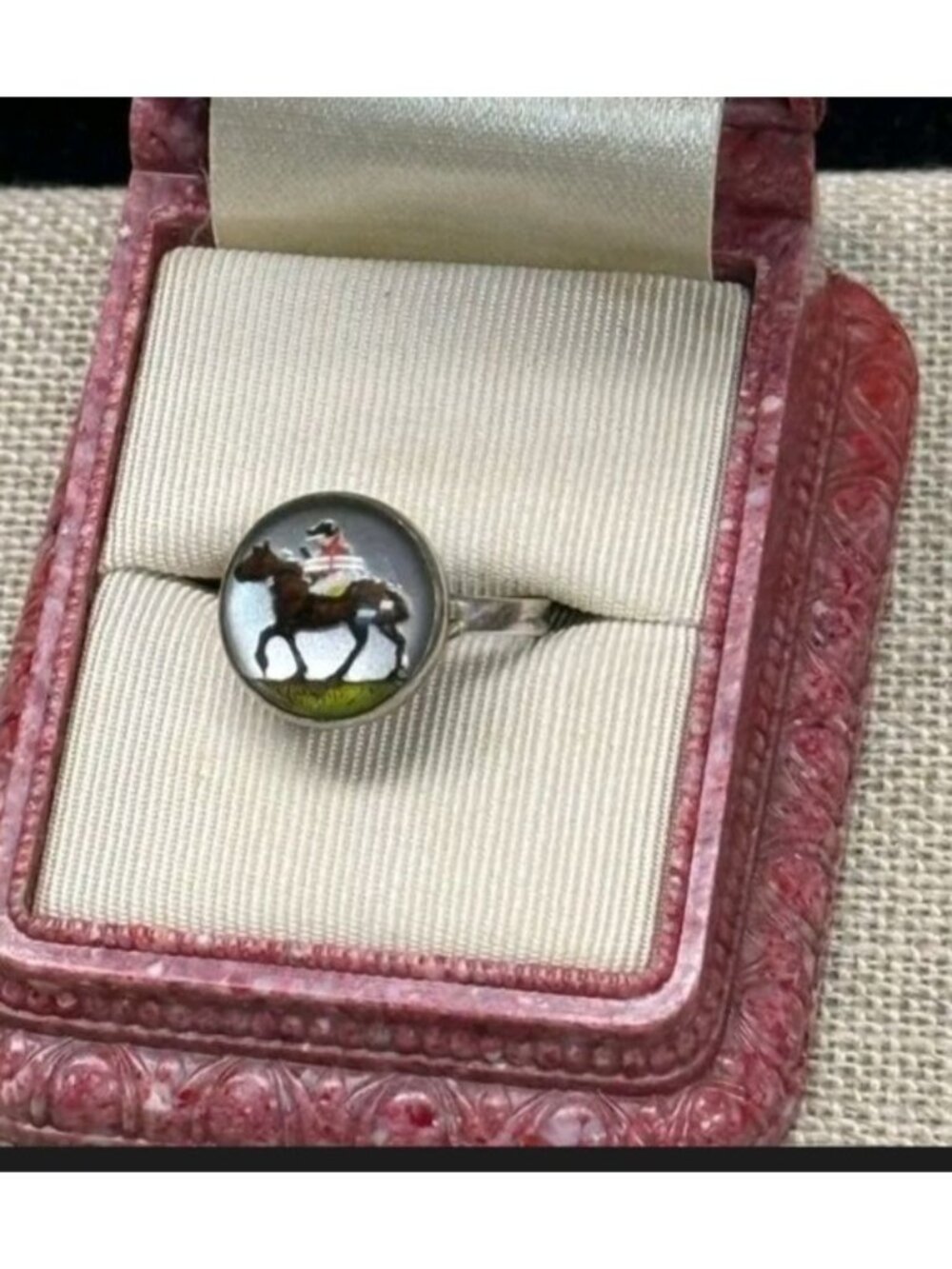 Vtg Sterling Silver Reverse Painted Essex Glass Horse Jockey Ring Adjustable - Picture 2 of 6